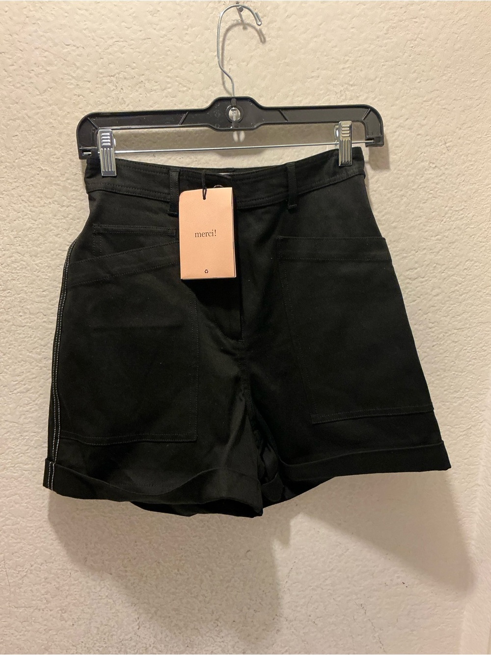 NWT La Ligne Black High-Rise Utility canvas Shorts white stitches retail $250